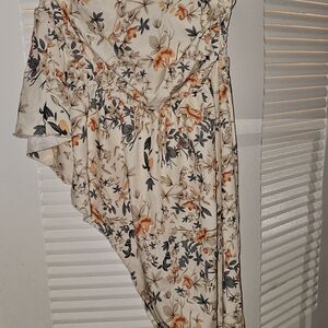 Floral Ruffle Tube Top - Cream with Orange & Gray Flowers